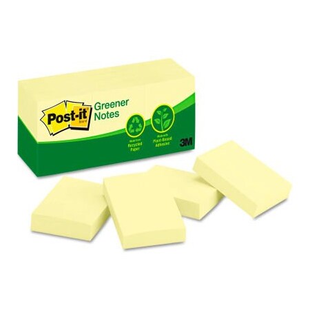 3M Post-it Greener Notes Recycled Notes 653RPYW, 1-1/2" x 2", Canary Yellow, 100 Sheets, 12/Pack 653RPYW